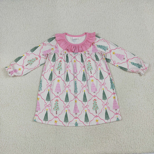 GLD1093 Tree Bows Print Girls Christmas Knee Length Dress
