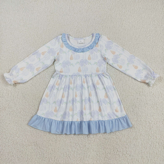 GLD1129 Pumpkin Bows Print Girls Long Sleeve Knee Length Dress