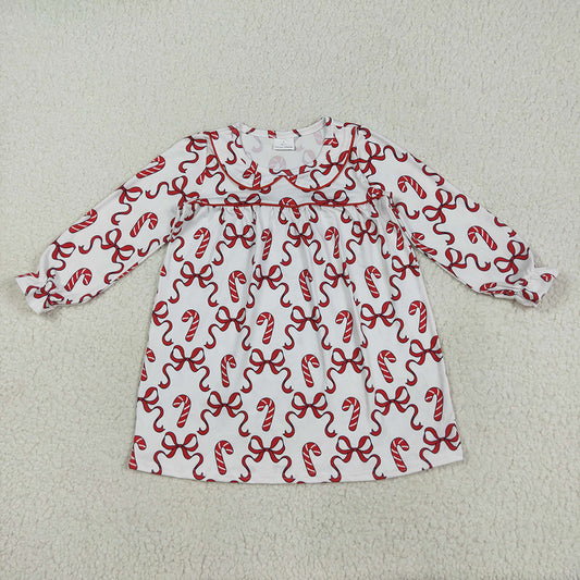 GLD1130 Candy Cane Bows Print Girls Christmas Knee Length Dress