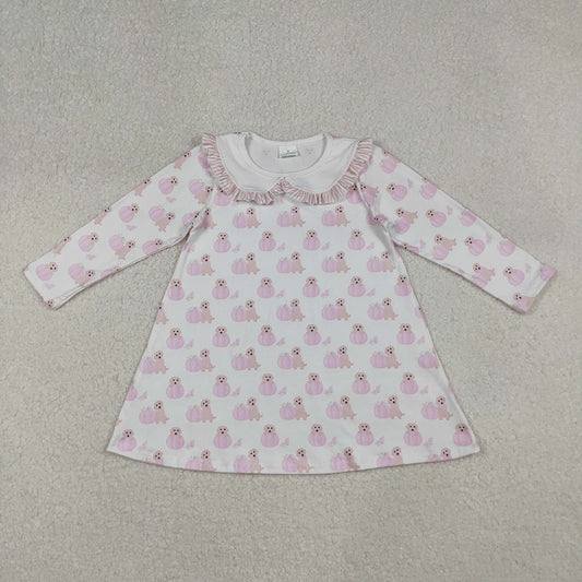 GLD1157 Pumpkin Dog Print Girls Doll Collar Long Sleeve Knee Length Dress