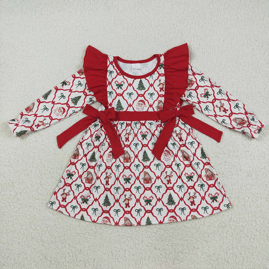 GLD1158 Santa Candy Cane Bows Print Girls Christmas Knee Length Dress