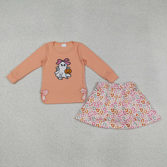 GLD1174 Ghost Pumpkin Bows Embroidery Top Leopard Pockets Skort Girls Halloween Clothes Set