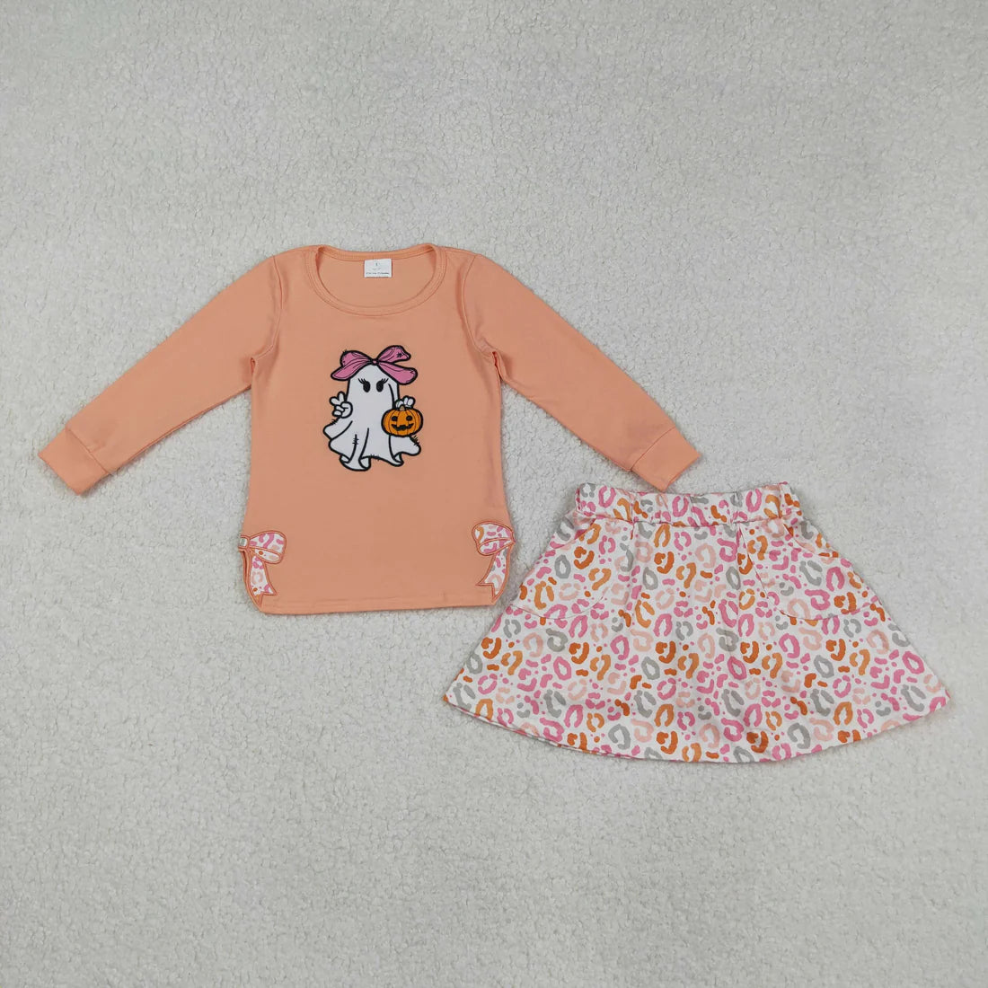 SSibling Embroidery Bows Ghosts Pumpkins Baby Girls Shirts Top Flowers Leopard Skorts Fall Clothes Sets
