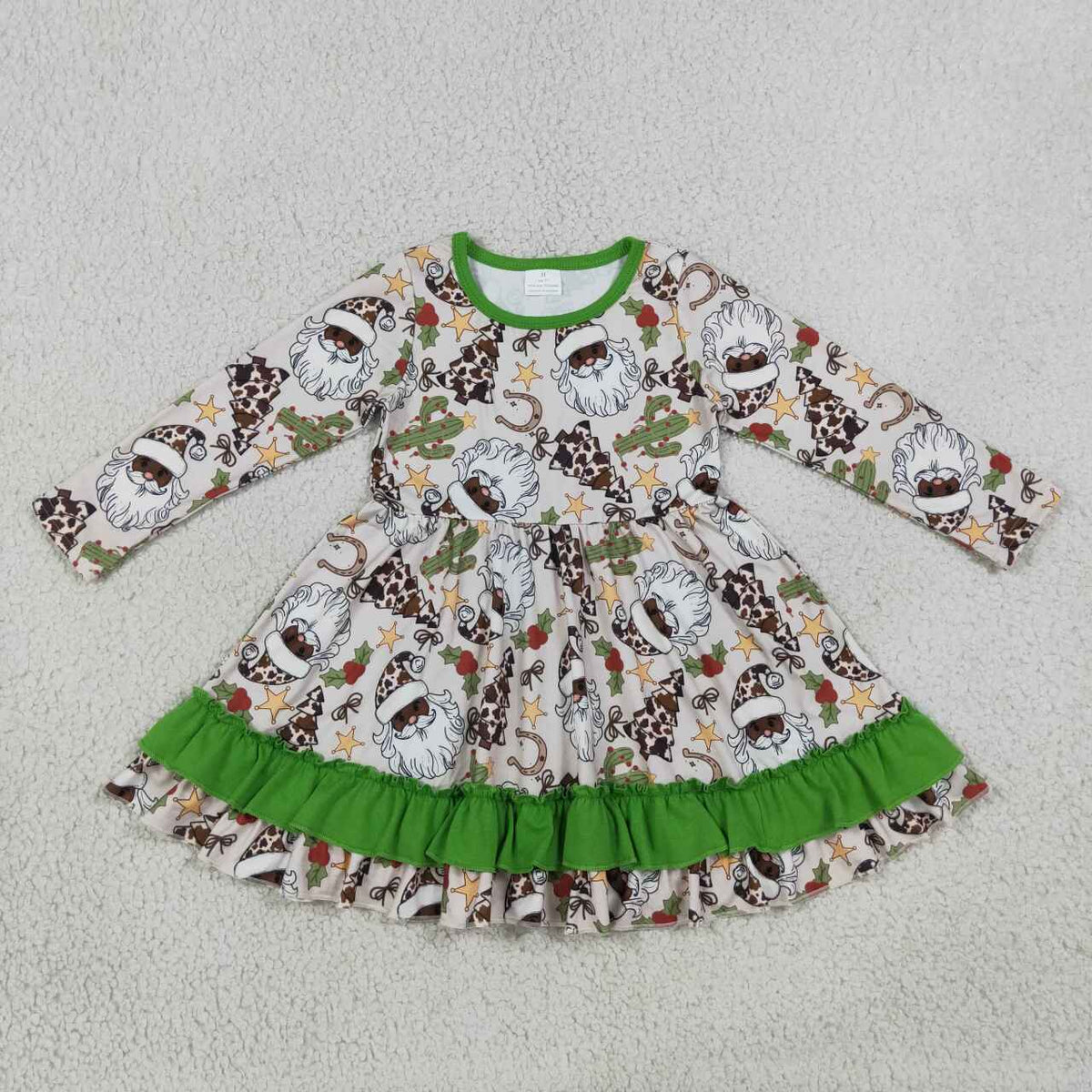 GLD1213 Santa Holly Cactus Print Girls Christmas Ruffle Dress