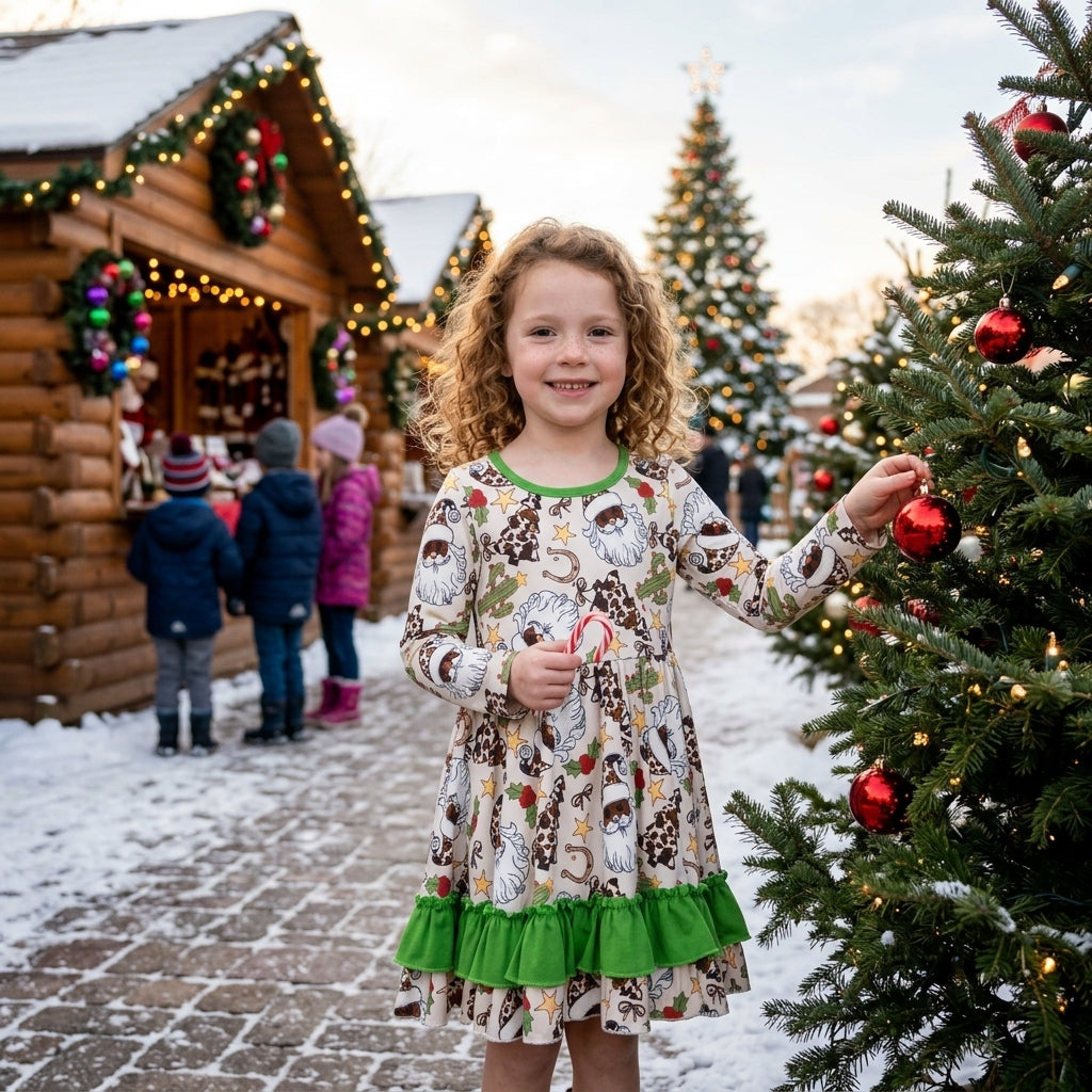 GLD1213 Santa Holly Cactus Print Girls Christmas Ruffle Dress