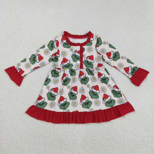 GLD1230 Green Frog Flowers Print Girls Christmas Knee Length Ruffle Gown Dress