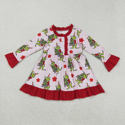 GLD1236 Green Frog Stars Print Girls Christmas Knee Length Ruffle Gown Dress