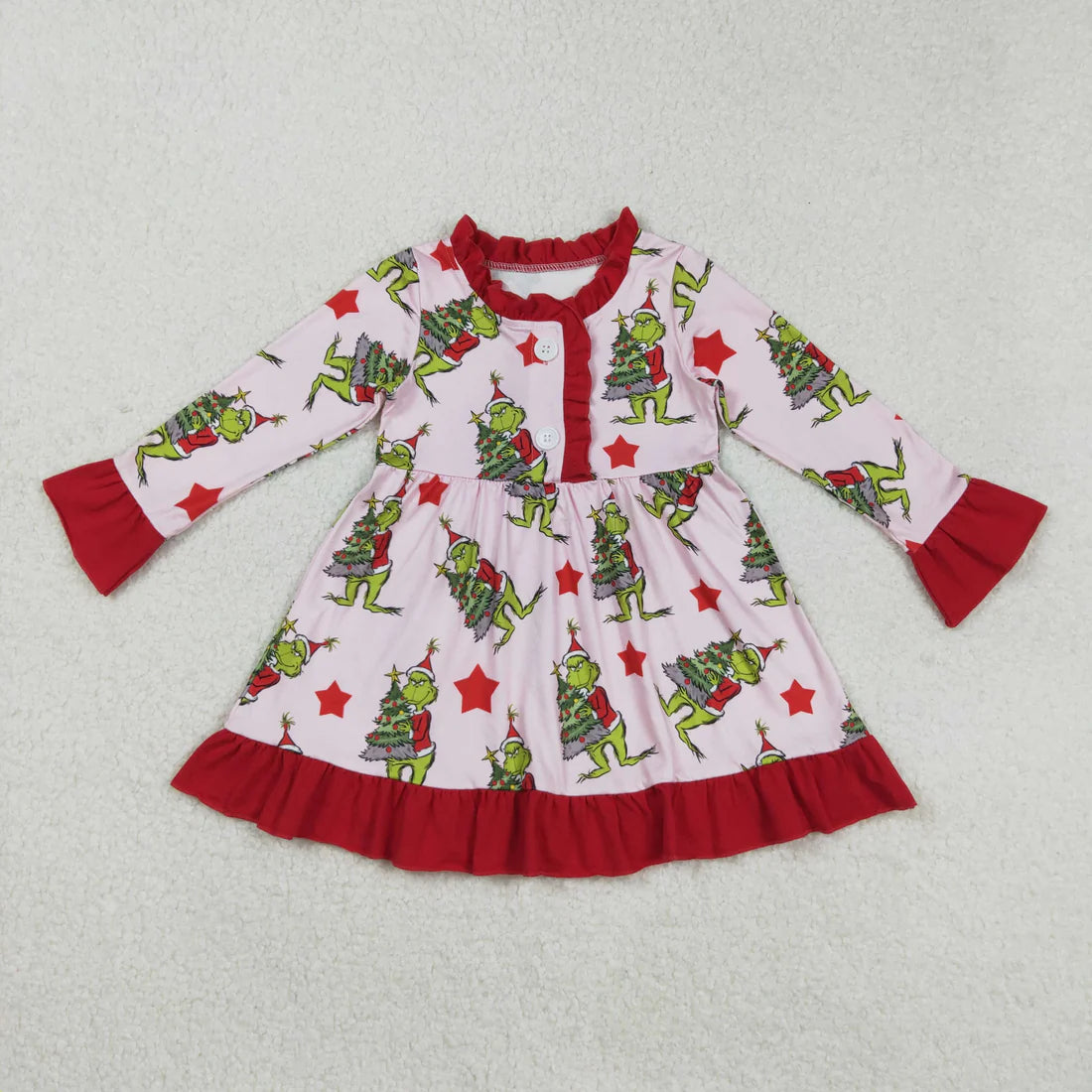 Sibling Baby Girls Grin Trees Lights Christmas Long Sleeve Dress