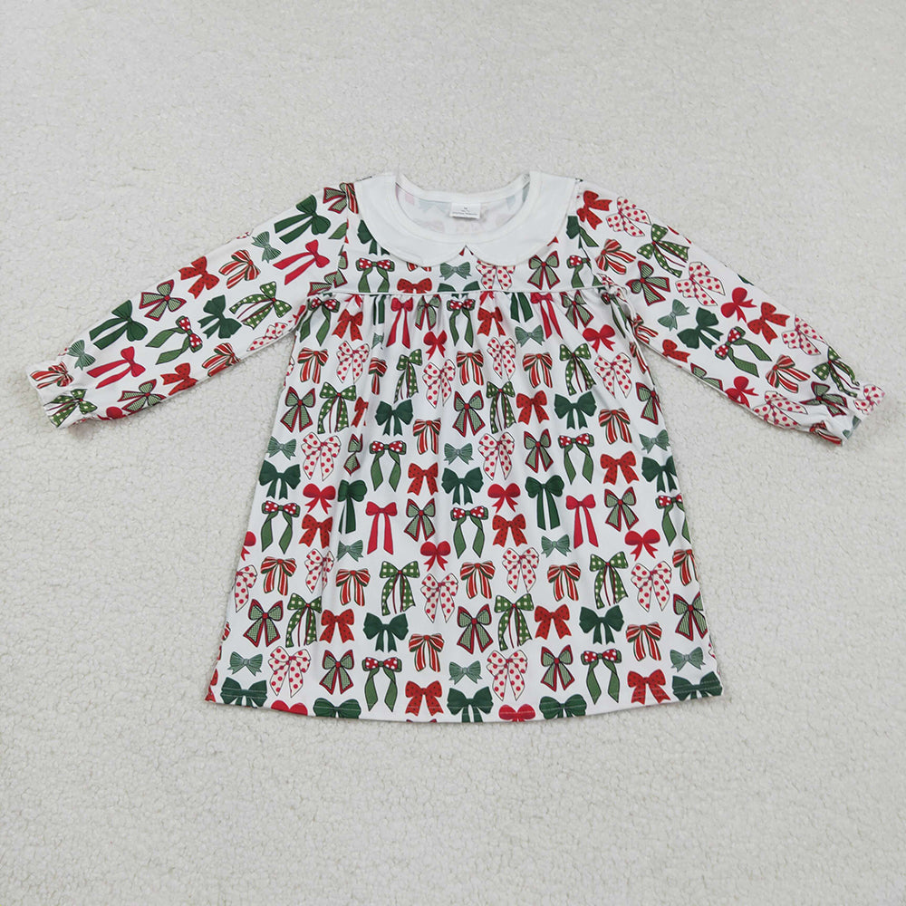 GLD1237 Green Red Bows Print Girls Christmas Knee Length Dress