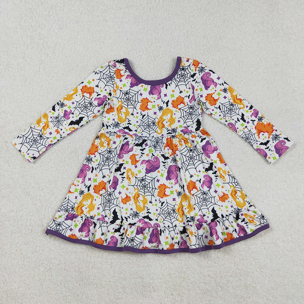 GLD1249 Witch Web Print Girls Halloween Knee Length Dress