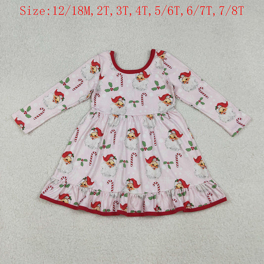 GLD1251 Santa Candy Cane Holly Print Girls Christmas Knee Length Ruffle Dress