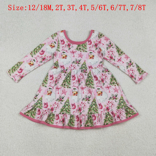 GLD1252 Santa Candy Cane Holly Tree Print Girls Christmas Knee Length Ruffle Dress