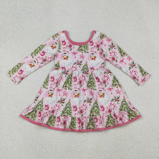 GLD1252 Santa Candy Cane Holly Tree Print Girls Christmas Knee Length Ruffle Dress