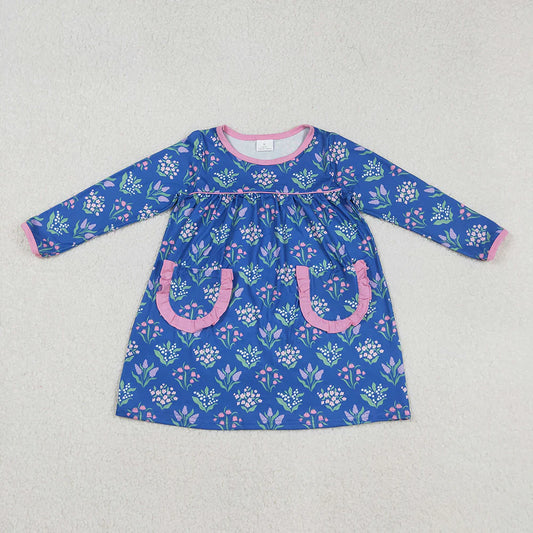 Baby Girls Blue Flowers Pockets Knee Length Dresses