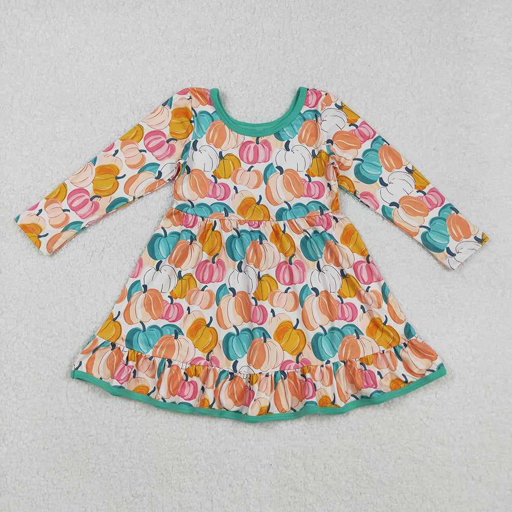 GLD1264 Colorful Pumpkin Print Girls Halloween Knee Length Dress