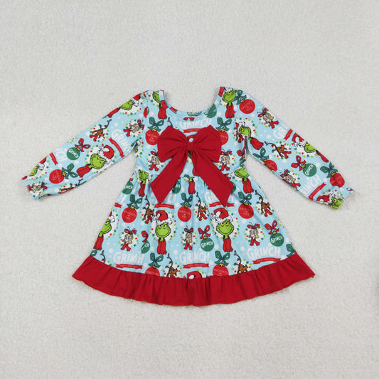GLD1269 Green Frog Print Big Bow Girls Christmas Knee Length Ruffle Dress