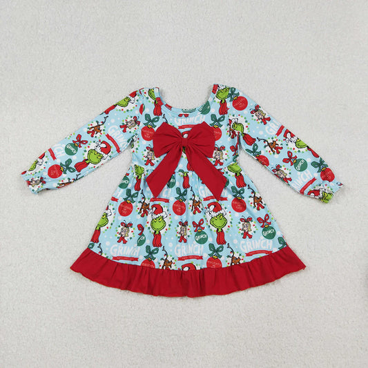 Baby Girls Christmas Green Face Long Sleeve Dress With Red Bow