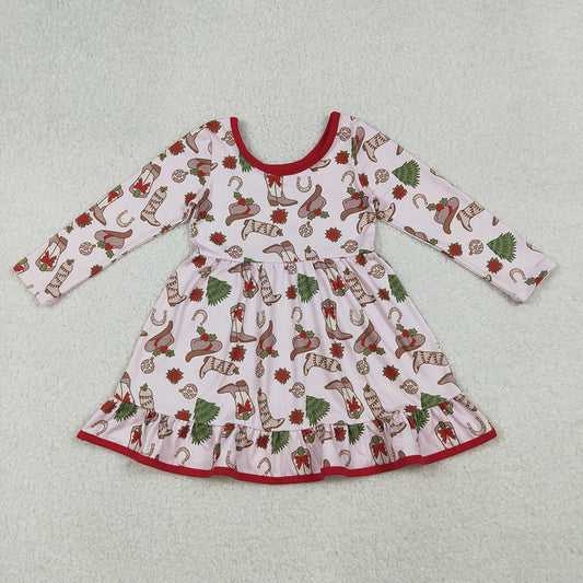 GLD1274 Boots Hat Holly Print Girls Christmas Knee Length Ruffle Dress