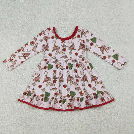 Sibling Baby Girls Boots Holly Trees Christmas Knee Length Dress Zipper Rompers Pajamas Sets