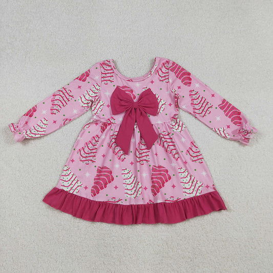 GLD1276 Debbie Cake Pink Print Big Bow Girls Christmas Knee Length Ruffle Dress