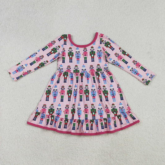 GLD1280 Nutcracke* Soldier Pink Print Girls Christmas Knee Length Ruffle Dress