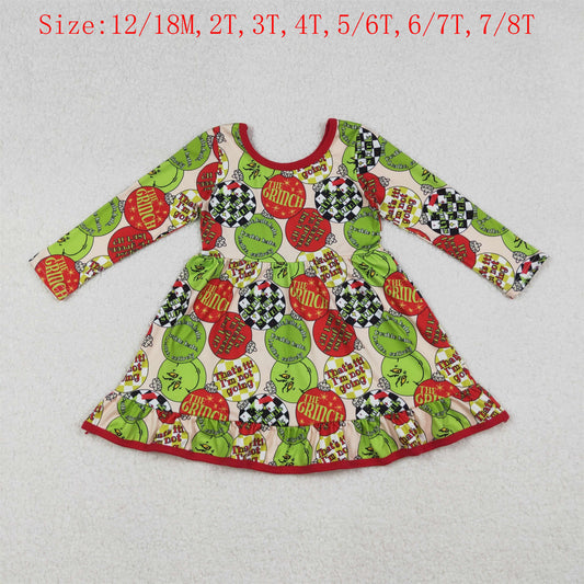 GLD1296 Green Frog Lights Print Girls Christmas Knee Length Ruffle Dress