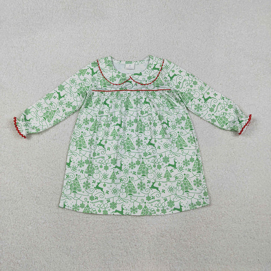 GLD1345 Deer Snowman Tree Green Print Girls Christmas Knee Length Dress