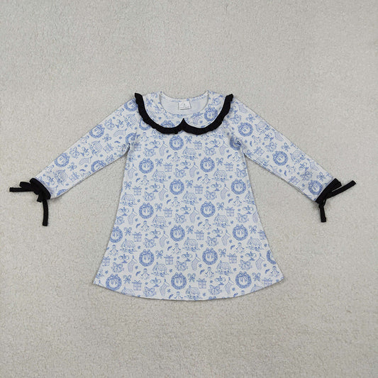 GLD1346 Small Town Snowman Blue Print Girls Christmas Knee Length Dress
