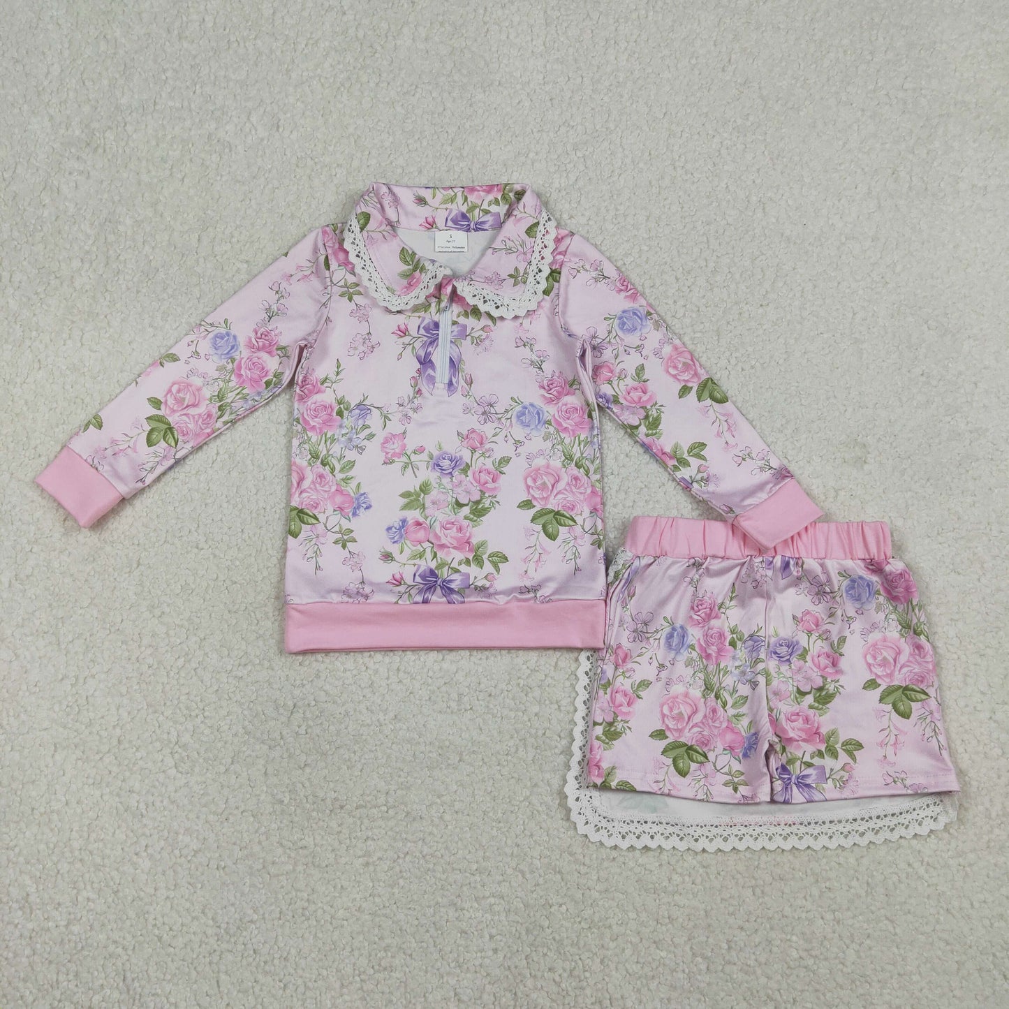 Sibling Baby Girls Long Sleeve Pink Flowers Collar Top Ruffle Skirt Shorts Clothes Sets