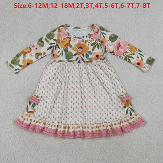 (Promotion)GLD1588 Baby Girls Flowers Pockets Knee Length Dresses