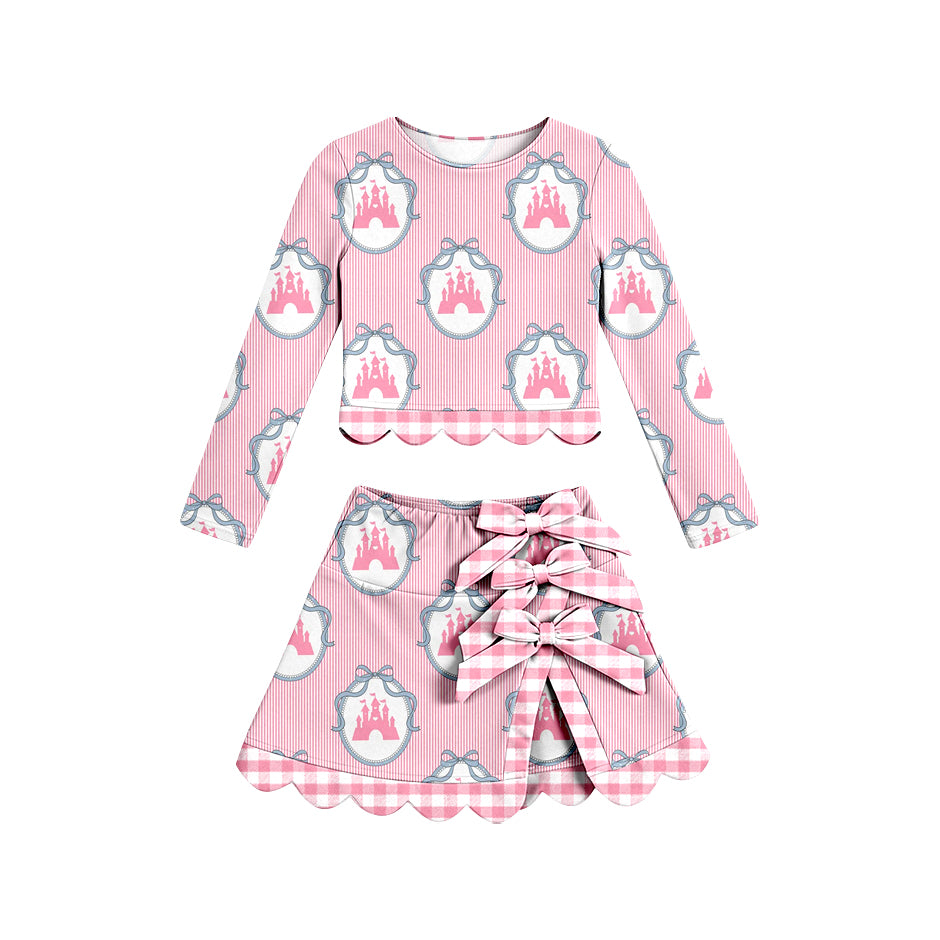 4.16 GLD1601 Preorder Castle Bows Long Sleeve Top Skirts Girls Scallop Yoga Clothes Set