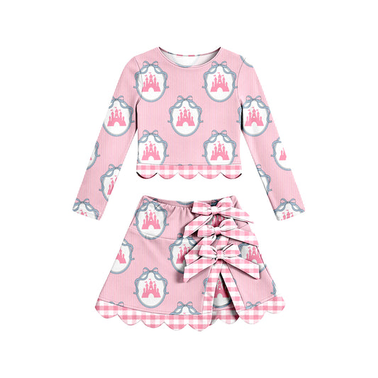 4.16 GLD1601 Preorder Castle Bows Long Sleeve Top Skirts Girls Scallop Yoga Clothes Set