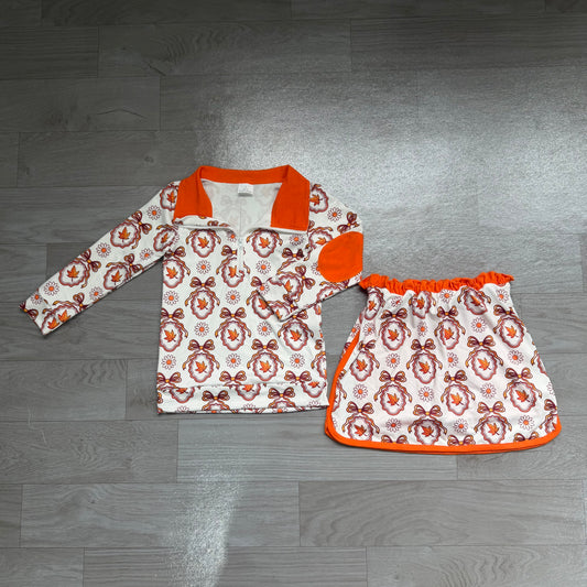 4.18 GLD1602 Preorder Leaf Flowers Bows Zipper Top Skirts Girls Fall Clothes Set