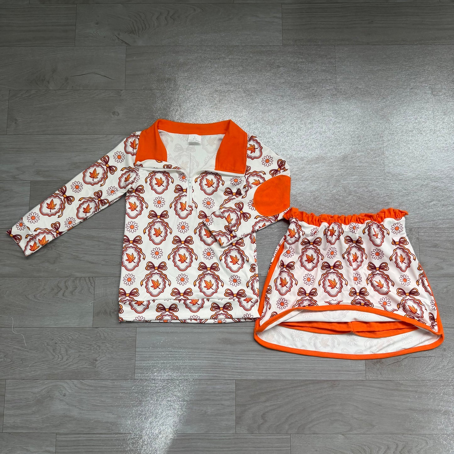 4.18 GLD1602 Preorder Leaf Flowers Bows Zipper Top Skirts Girls Fall Clothes Set
