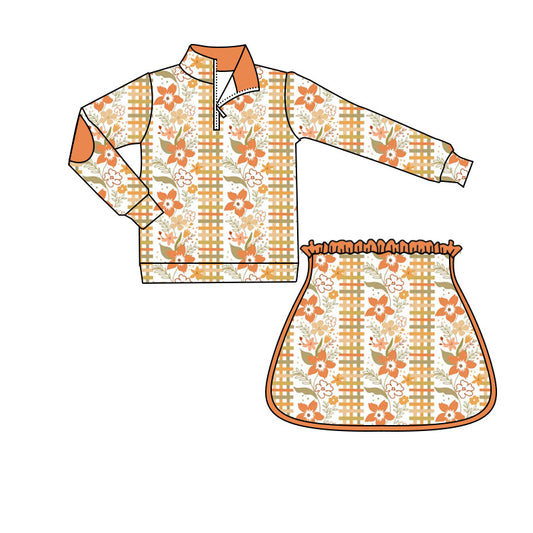 4.18 GLD1605 Preorder Orange Flowers Plaid Zipper Top Skirts Girls Fall Clothes Set