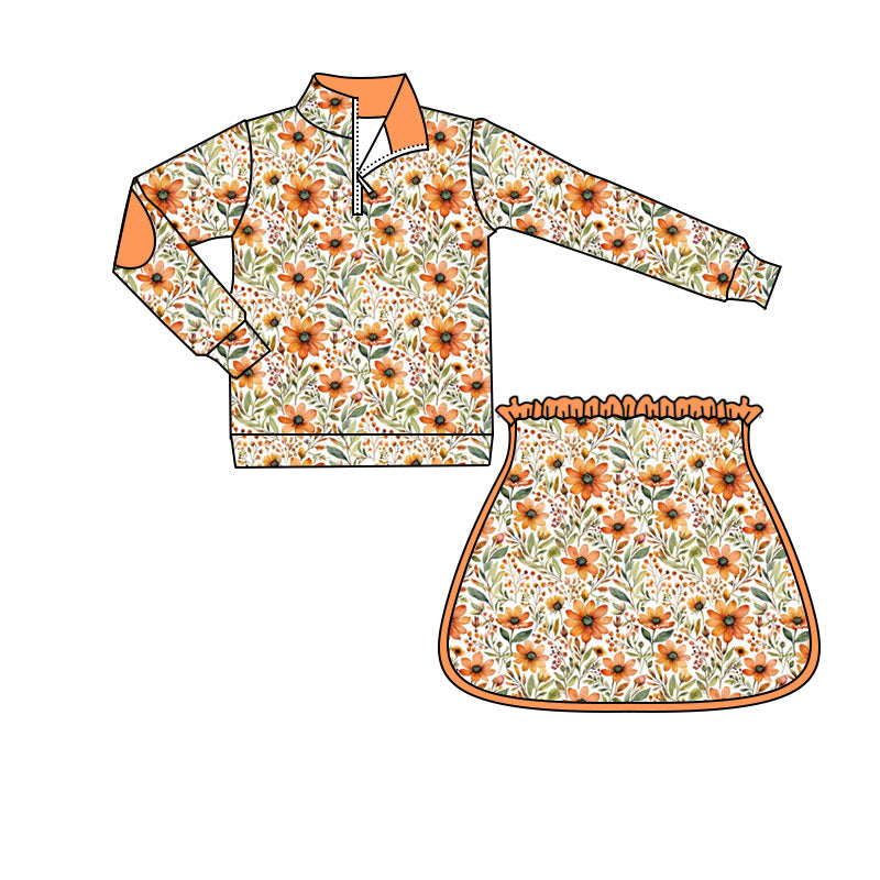 4.18 GLD1606 Preorder Orange Flowers Zipper Top Skirts Girls Fall Clothes Set
