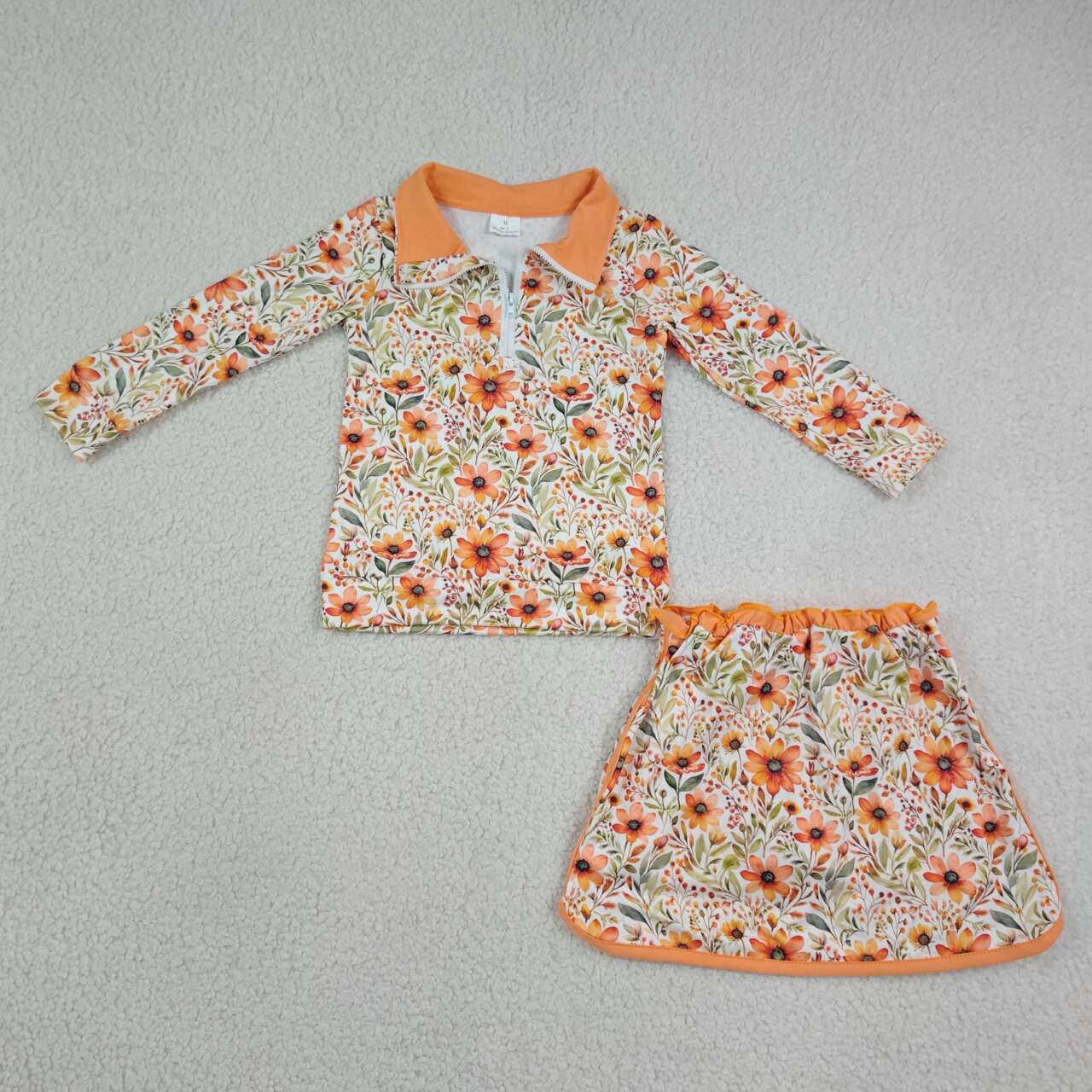 GLD1606 Orange Flowers Zipper Top Skort Girls Clothes Set