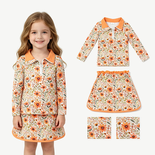 GLD1606 Orange Flowers Zipper Top Skort Girls Clothes Set