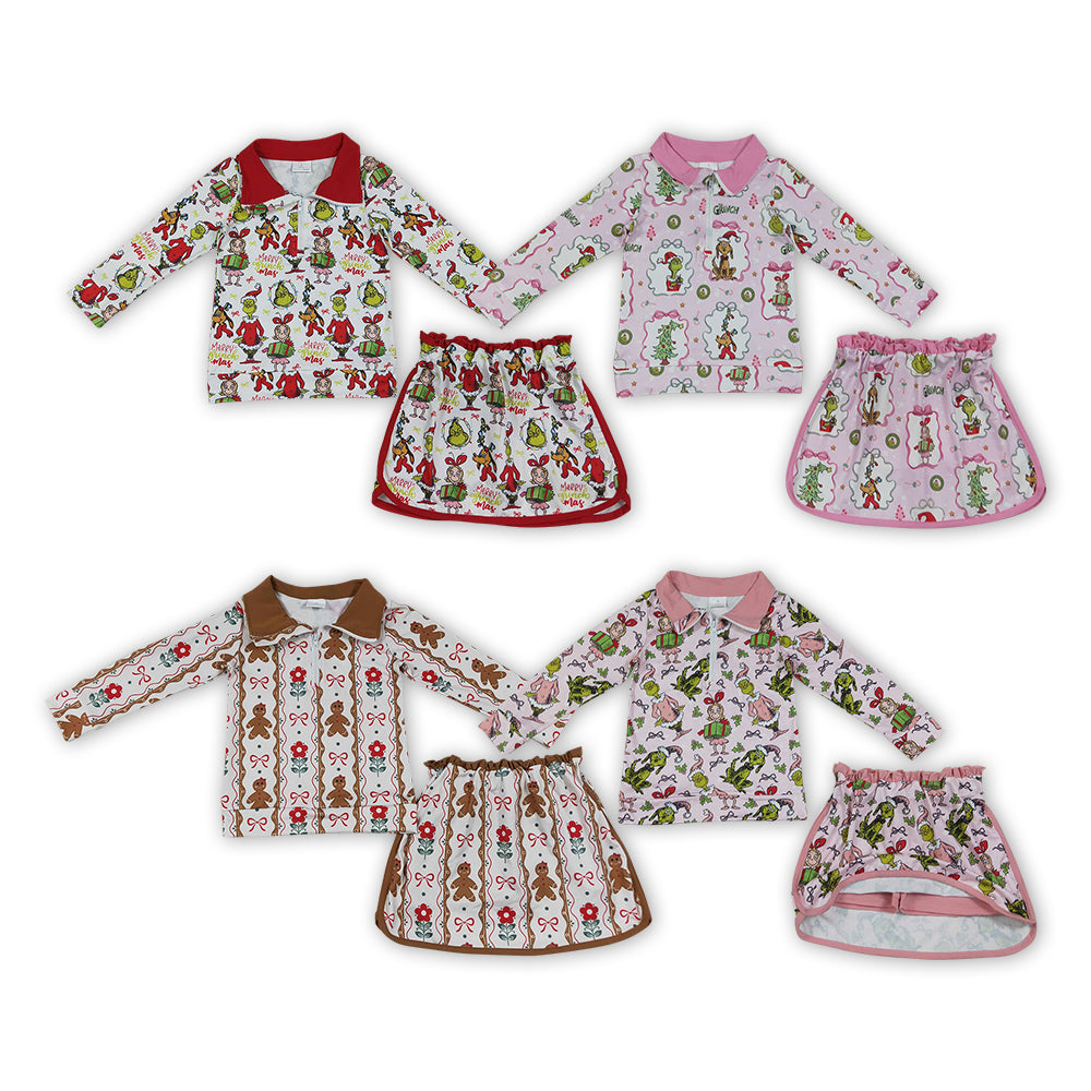 Green Frog Friends Holly Pink Print Zipper Pullover Top Skort Girls Christmas Clothes Set Sister Wear