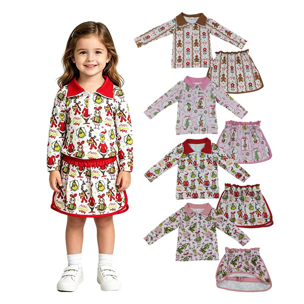 Green Frog Friends Holly Pink Print Zipper Pullover Top Skort Girls Christmas Clothes Set Sister Wear