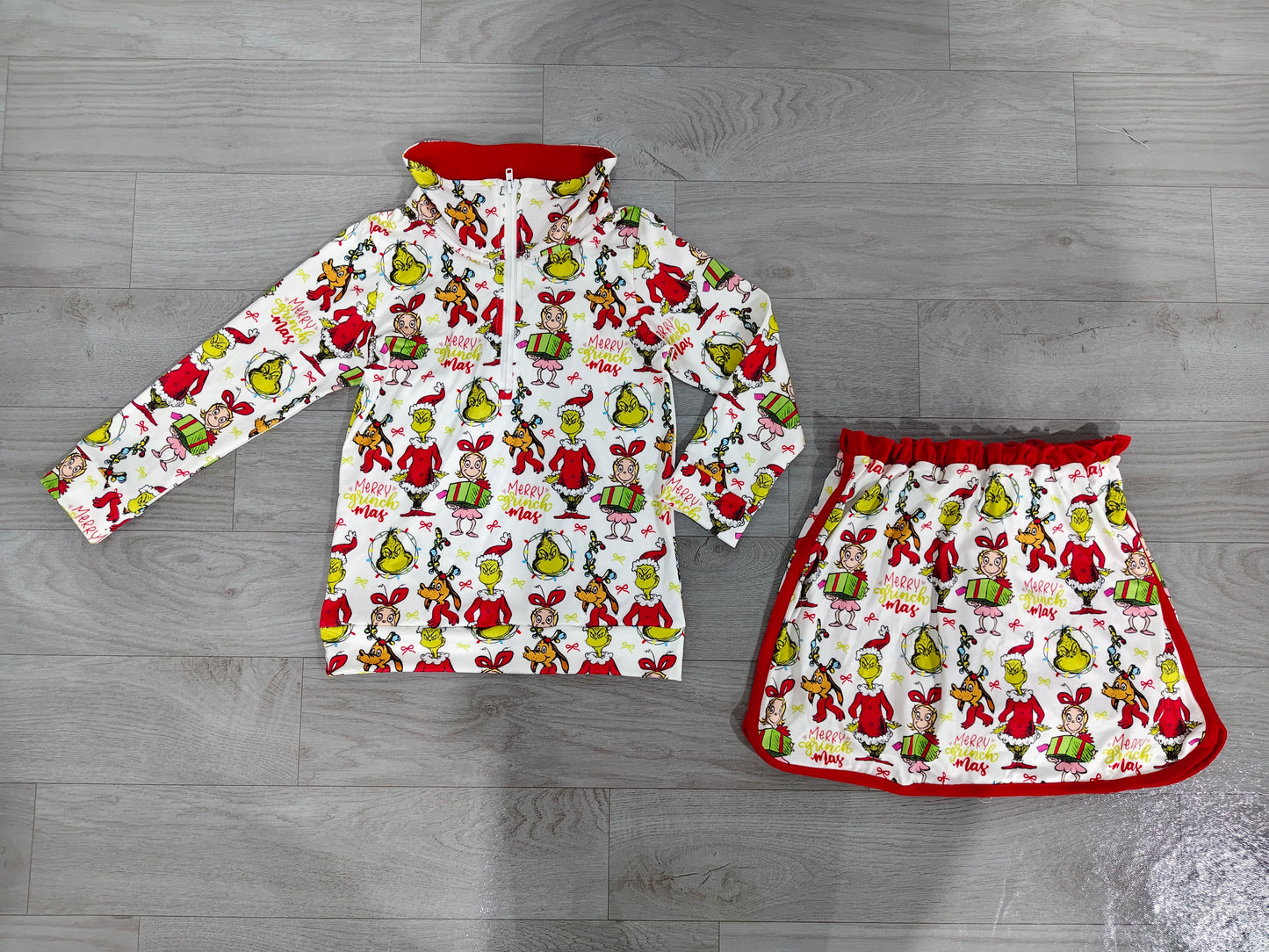 4.24 Girls Green Face Christmas Outfit - Half Zip Top & Skirt Set