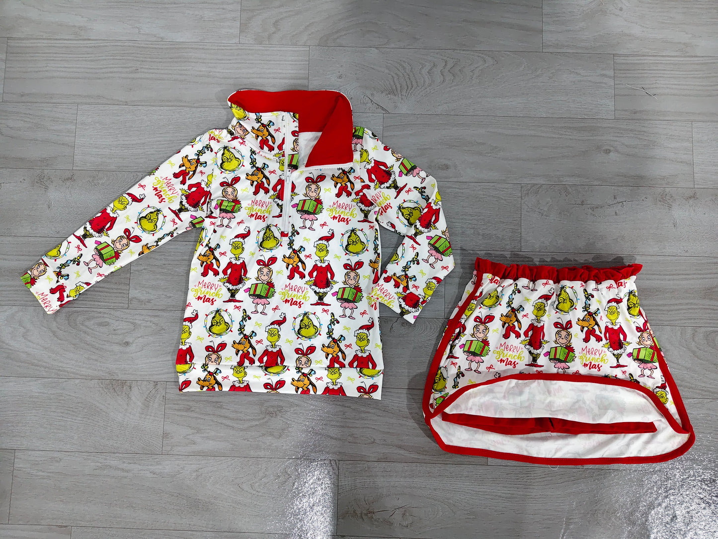 4.24 Girls Green Face Christmas Outfit - Half Zip Top & Skirt Set