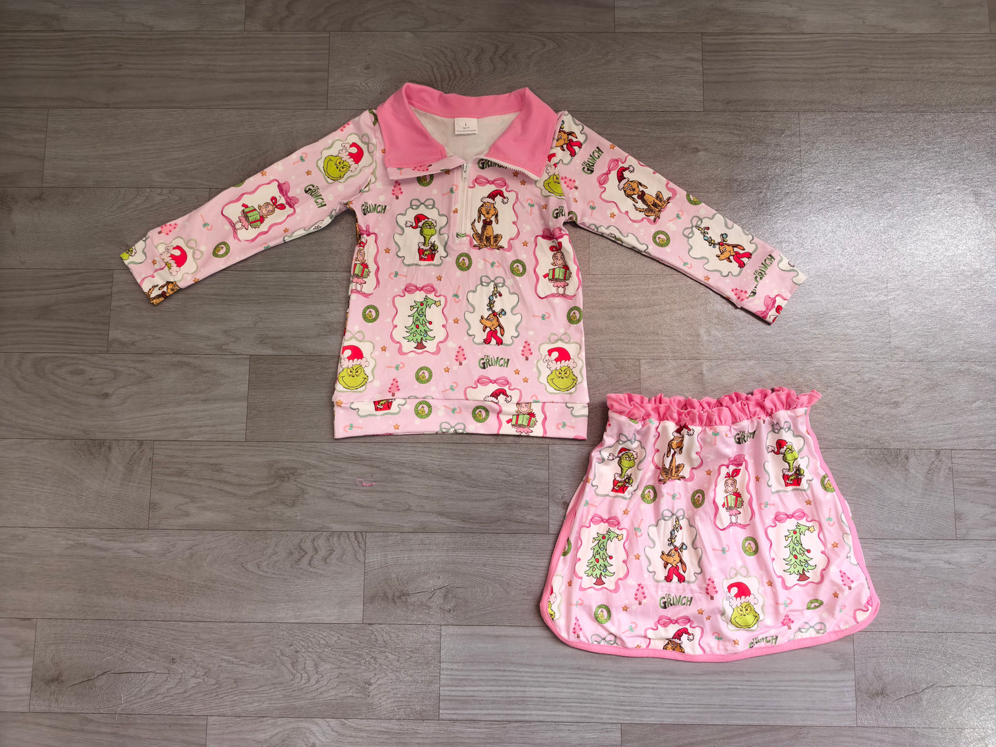4.24 Kids Pastel Green Face Cartoon Print Set - Pink Half Zip Pullover & Skirt Preorder