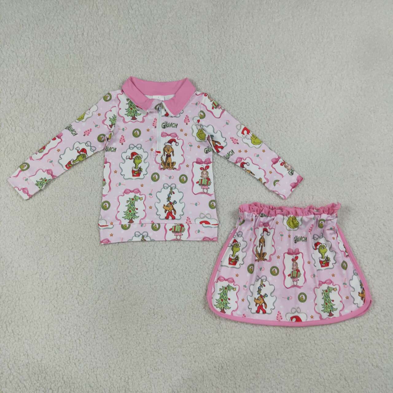 Green Frog Friends Holly Pink Print Zipper Pullover Top Skort Girls Christmas Clothes Set Sister Wear