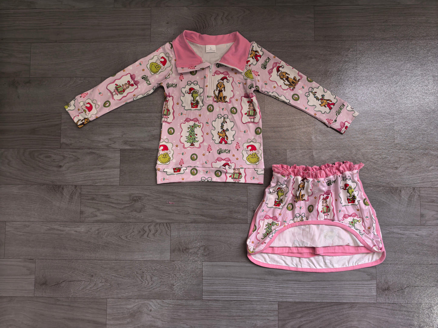 4.24 Kids Pastel Green Face Cartoon Print Set - Pink Half Zip Pullover & Skirt Preorder