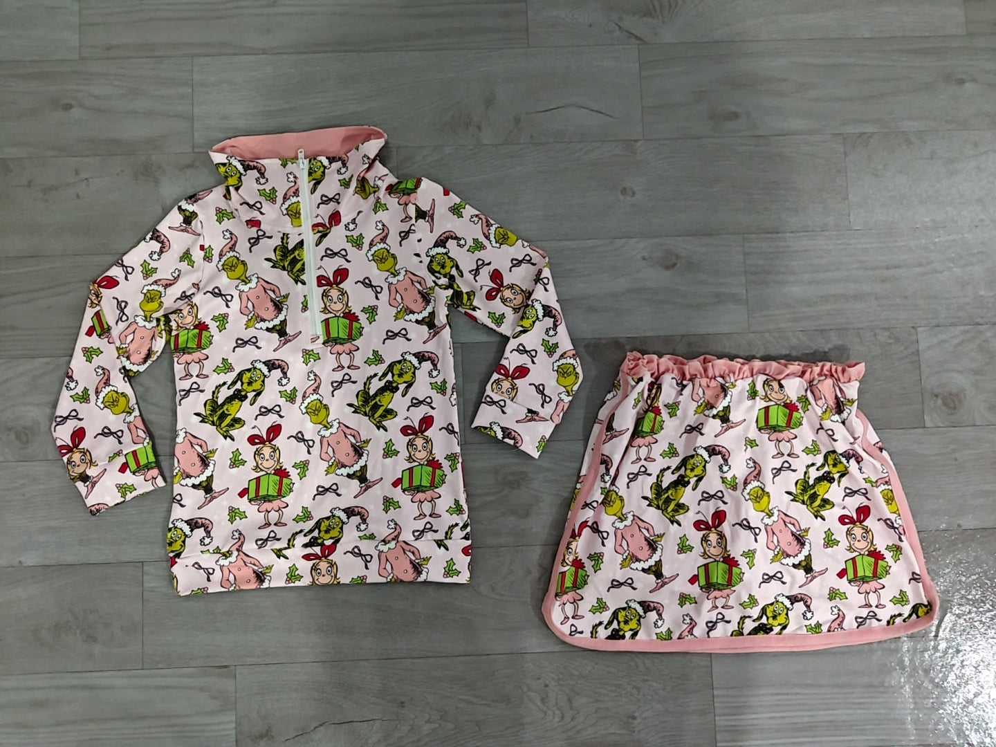 4.24 Girls Pink Cartoon Christmas Outfit - Half Zip Top & Skirt Set Preorder