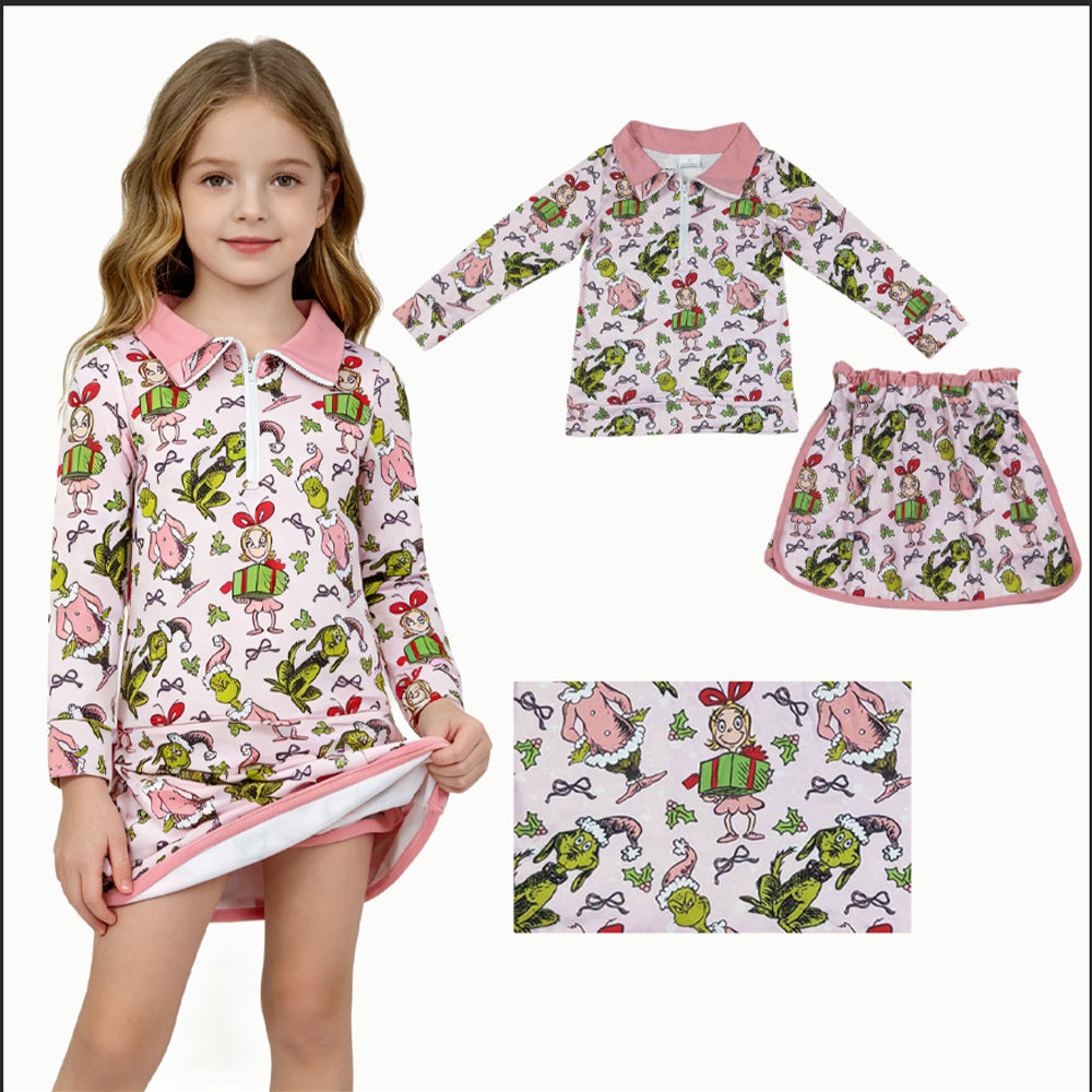 GLD1610 Green Frog Friends Holly Pink Print Zipper Pullover Top Skort Girls Christmas Clothes Set