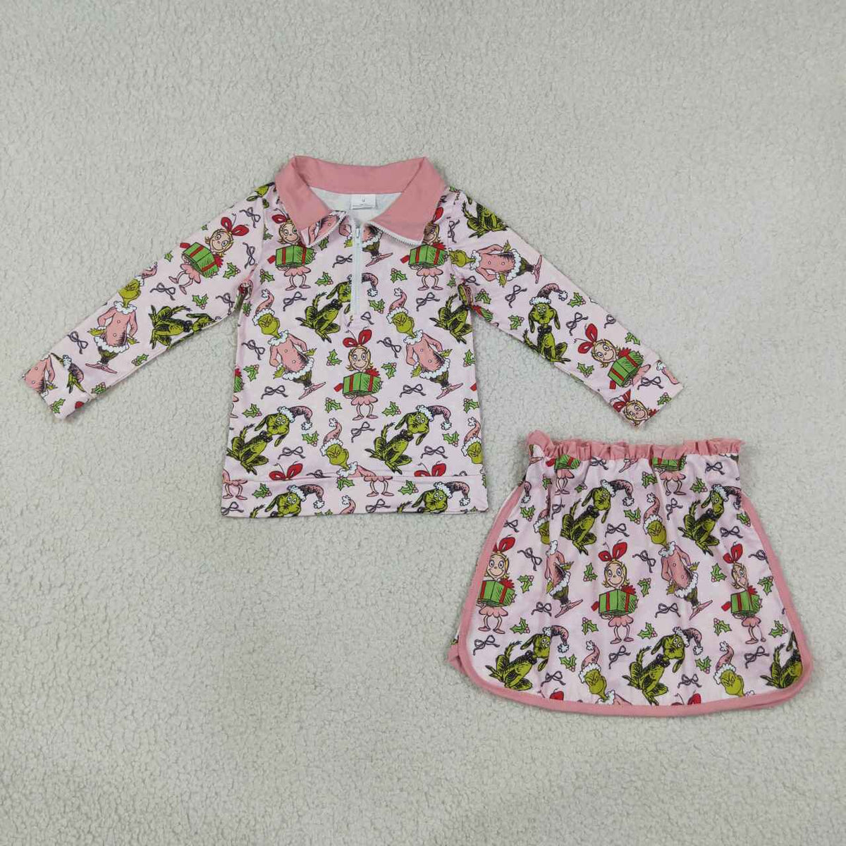 Green Frog Friends Holly Pink Print Zipper Pullover Top Skort Girls Christmas Clothes Set Sister Wear
