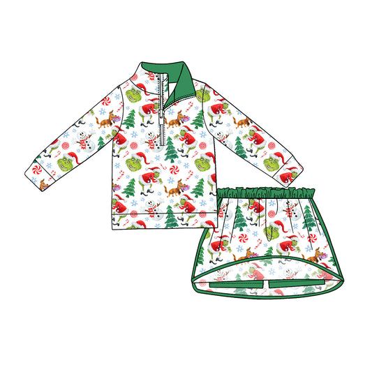 4.24 Girls Green Face Cartoon Christmas Outfit - Half Zip Top & Skirt Set Preorder