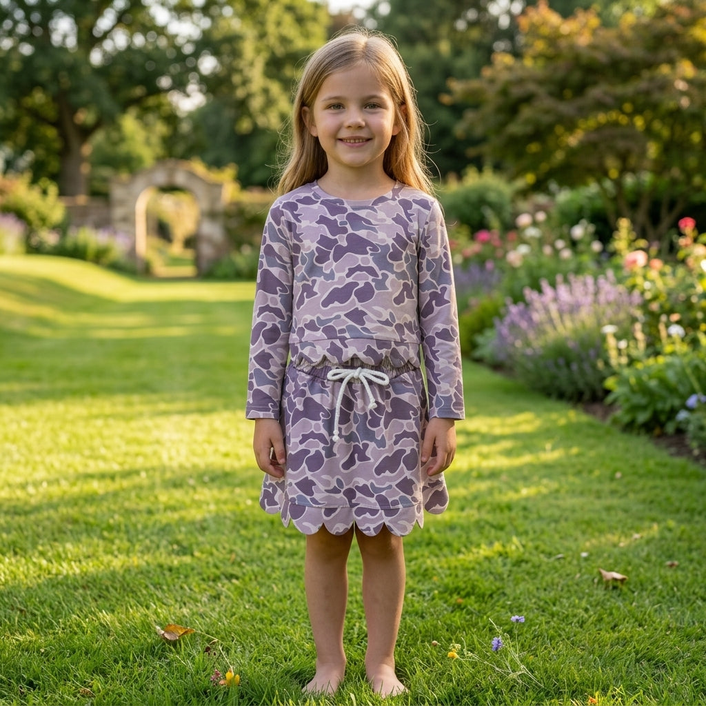 GLD1614 Dark Brown Grey Camo Long Sleeve Top Skort Girls Scallop Clothes Set